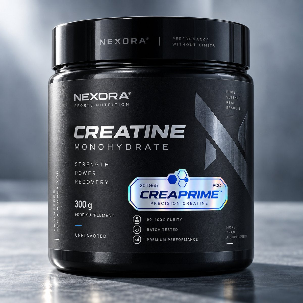 CREAPRIME™ seal on a creatine pack (fictional brand mockup)