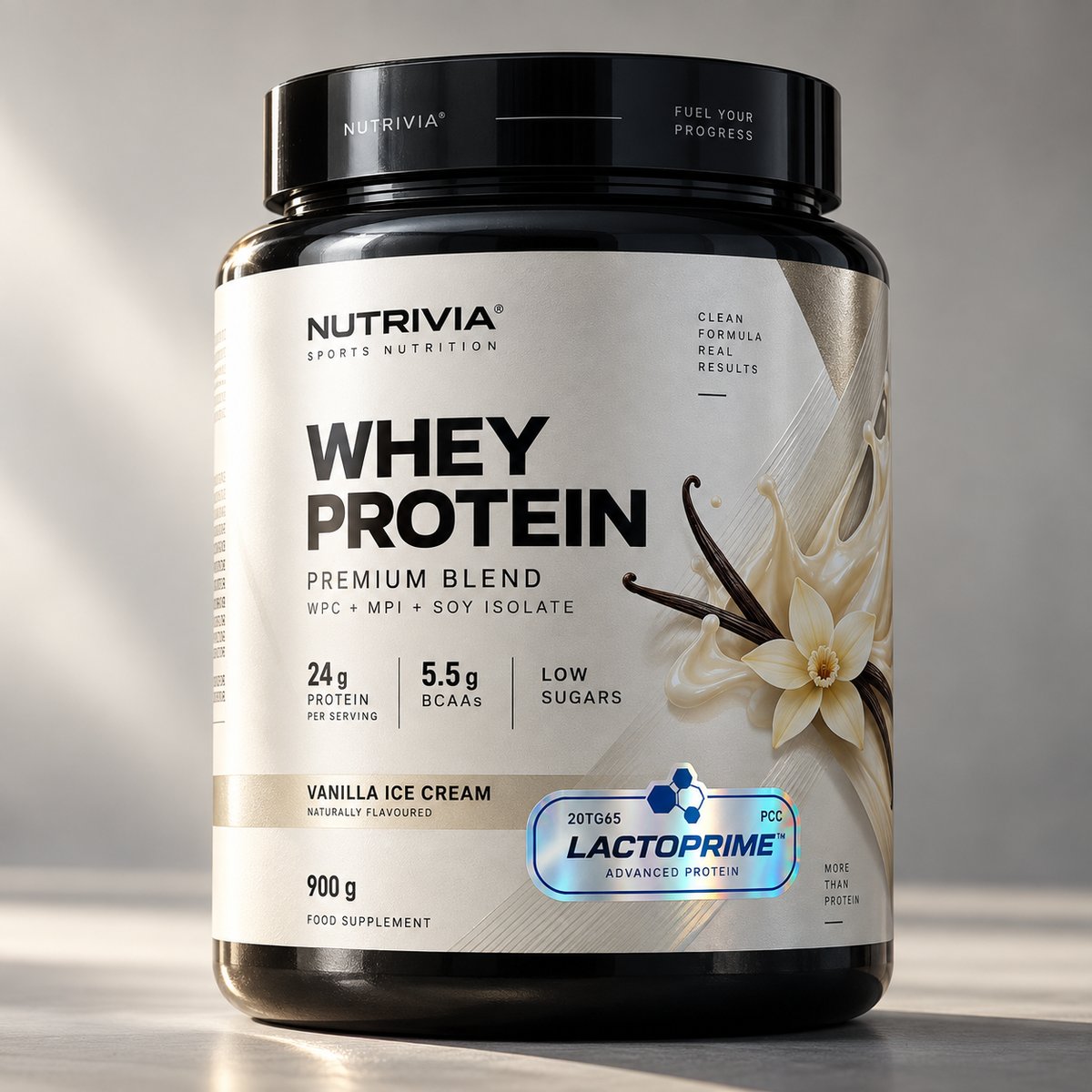LACTOPRIME™ seal on a whey protein pack (fictional brand mockup)