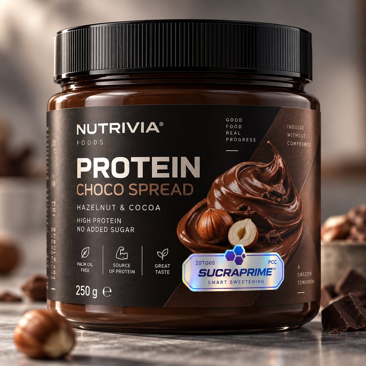 SUCRAPRIME™ seal on a protein spread pack (fictional brand mockup)